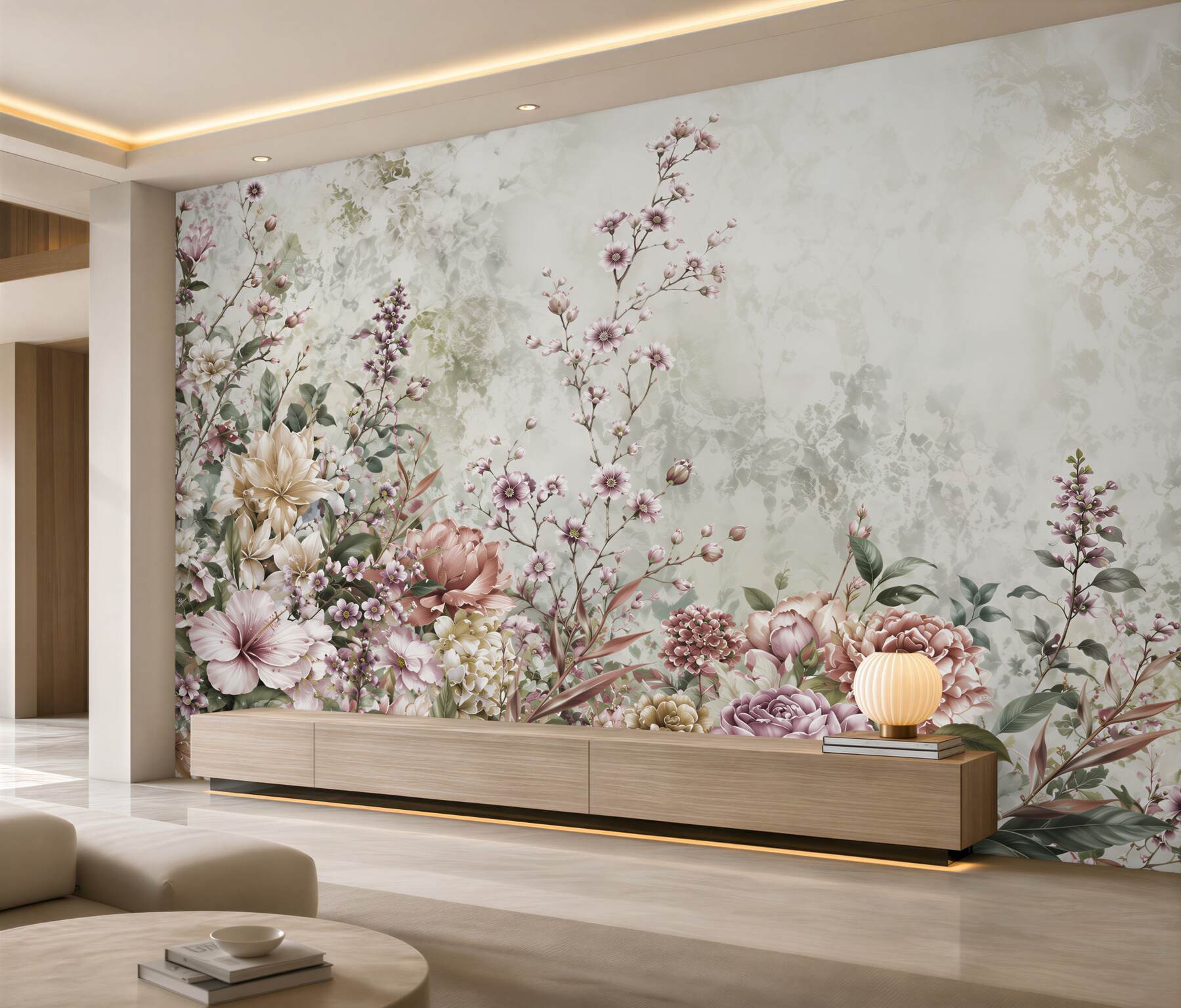 Papier peint Fleurs pastel sur fond beige romantique pour la chambre