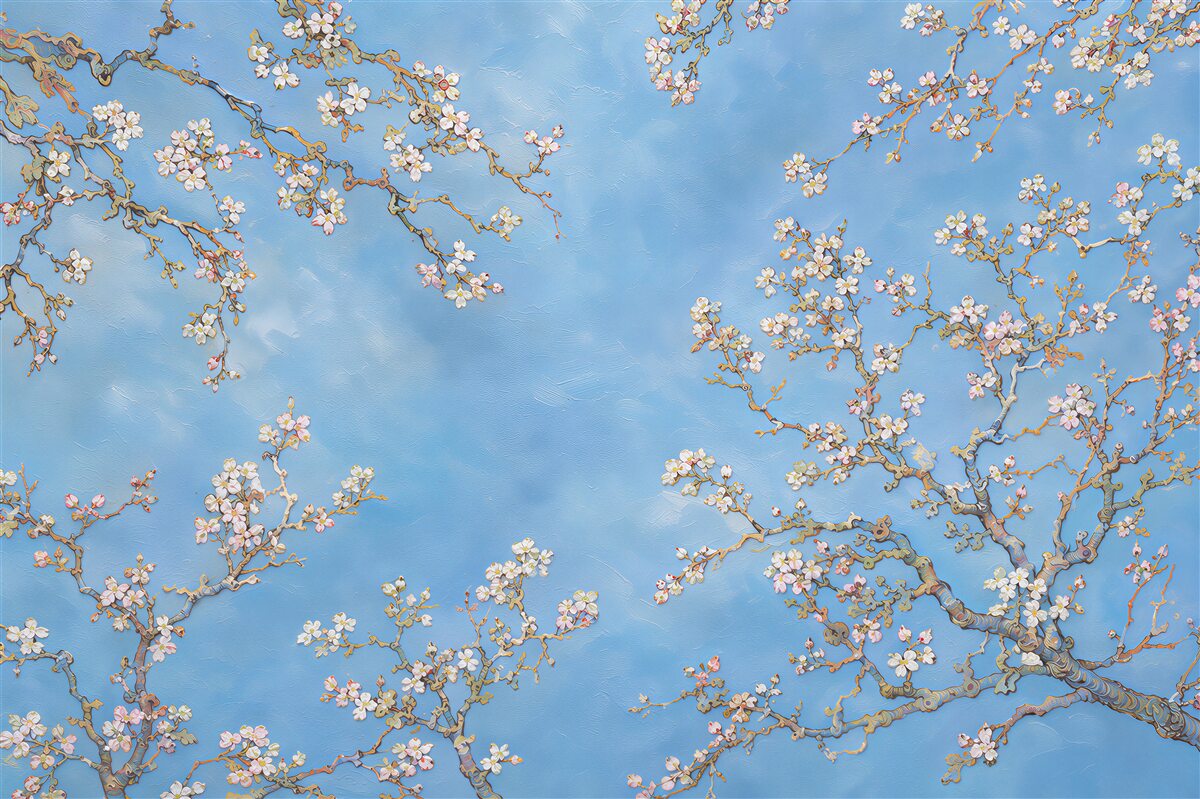 Papier peint branches de magnolia en fleurs sur fond bleu
