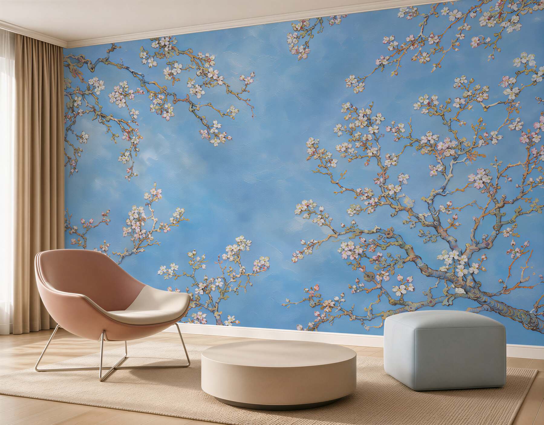 Papier peint branches de magnolia en fleurs sur fond bleu