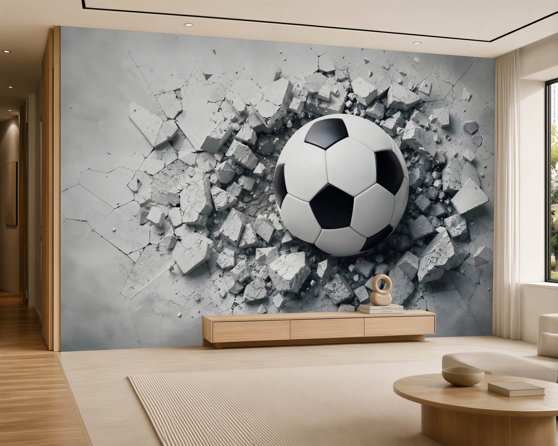 Papier peint ballon de football brisant le mur dynamique 3D