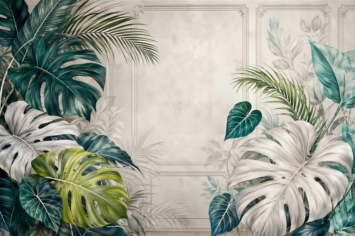 Papier peint feuilles tropicales beige-vert élégantes pour salon