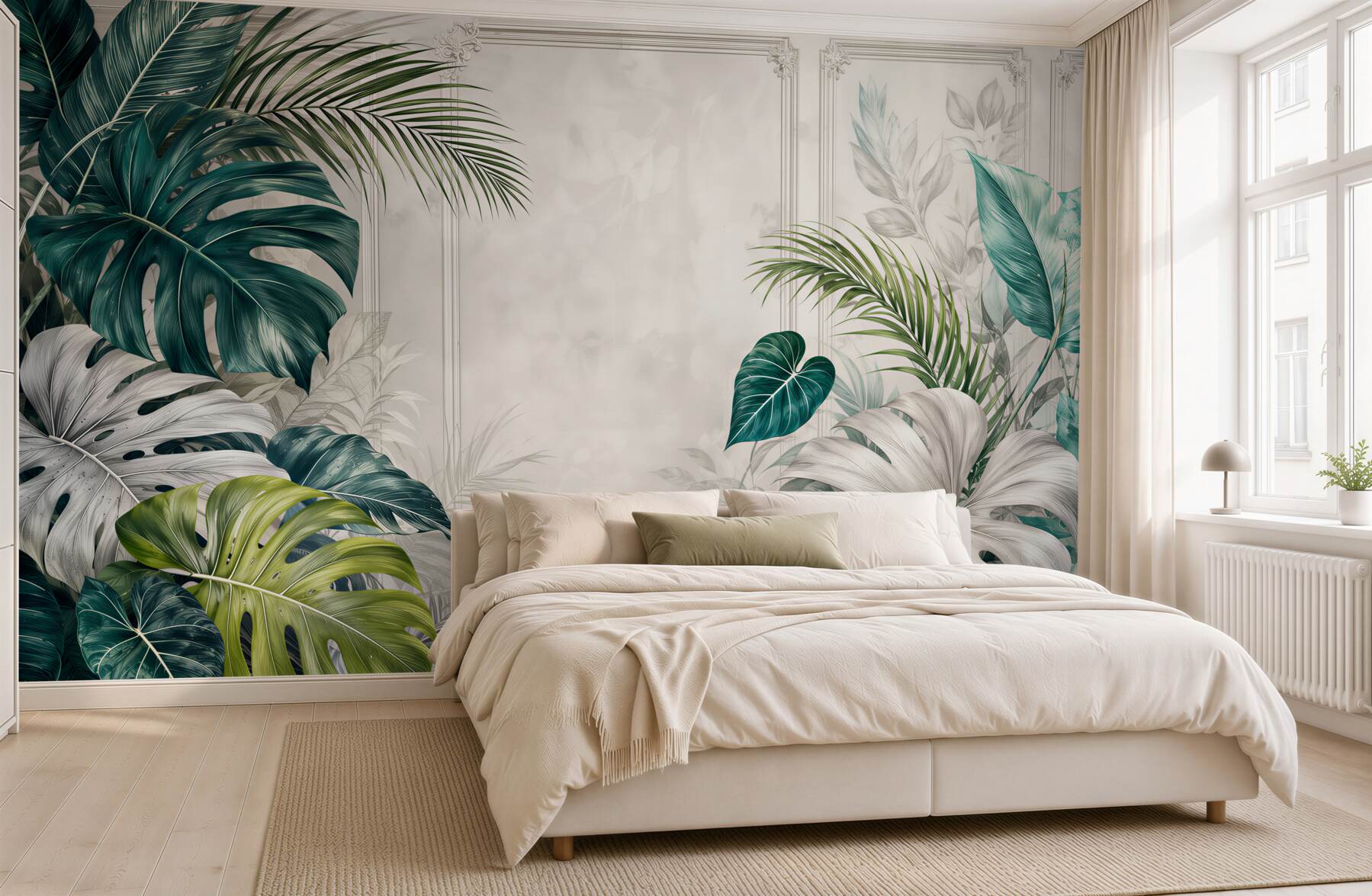 Papier peint feuilles tropicales beige-vert élégantes pour salon