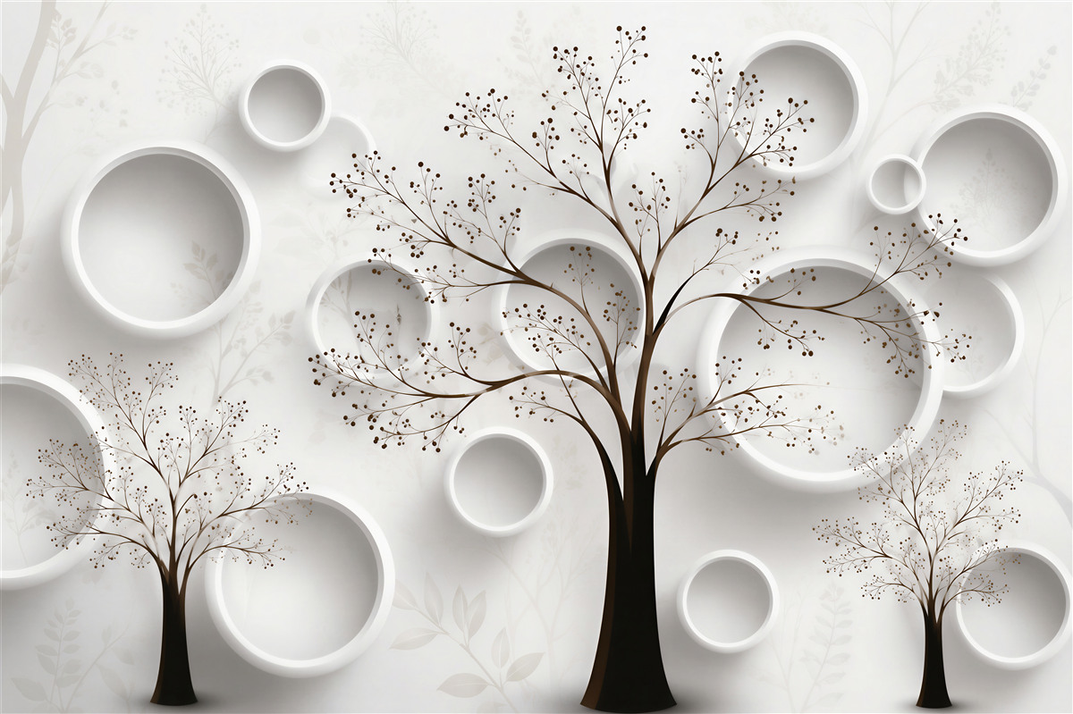 Papier peint arbre minimaliste avec cercles géométriques beiges