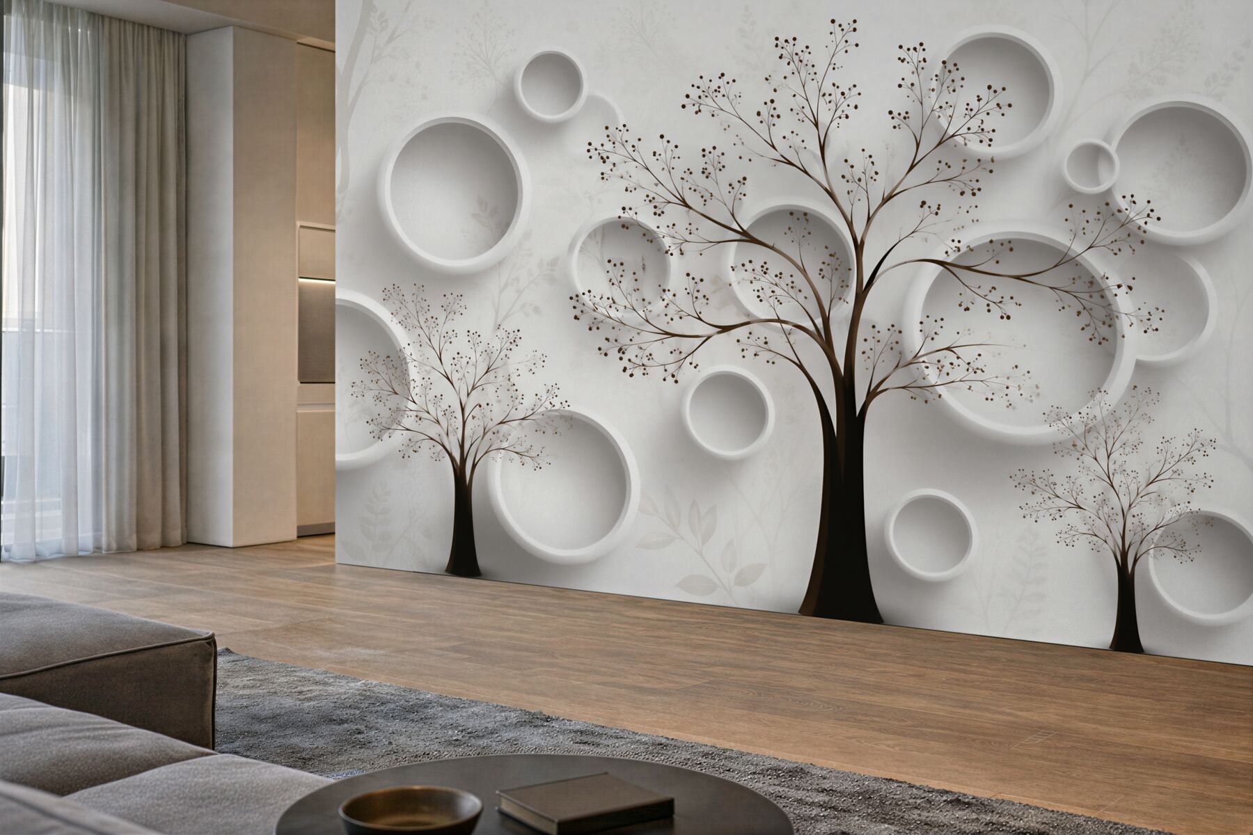 Papier peint arbre minimaliste avec cercles géométriques beiges