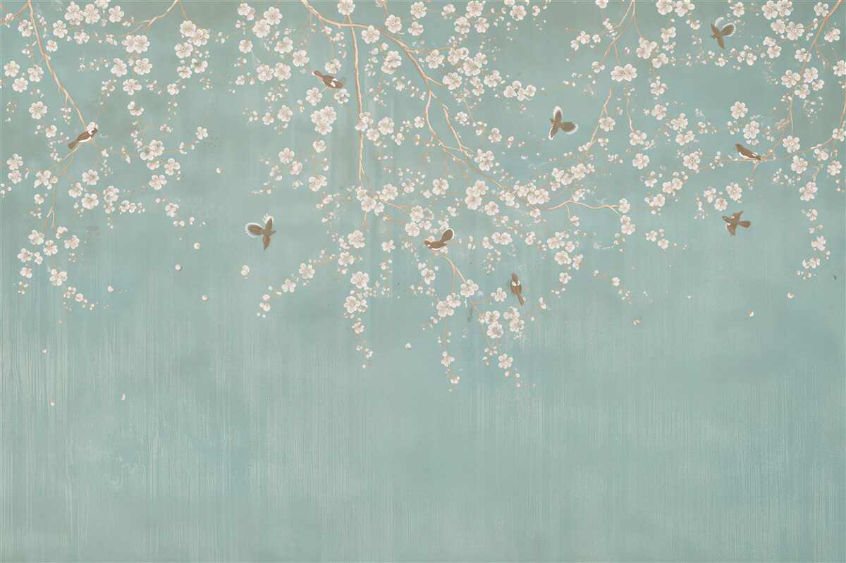 Papier peint branches fleuries avec oiseaux sur fond bleu