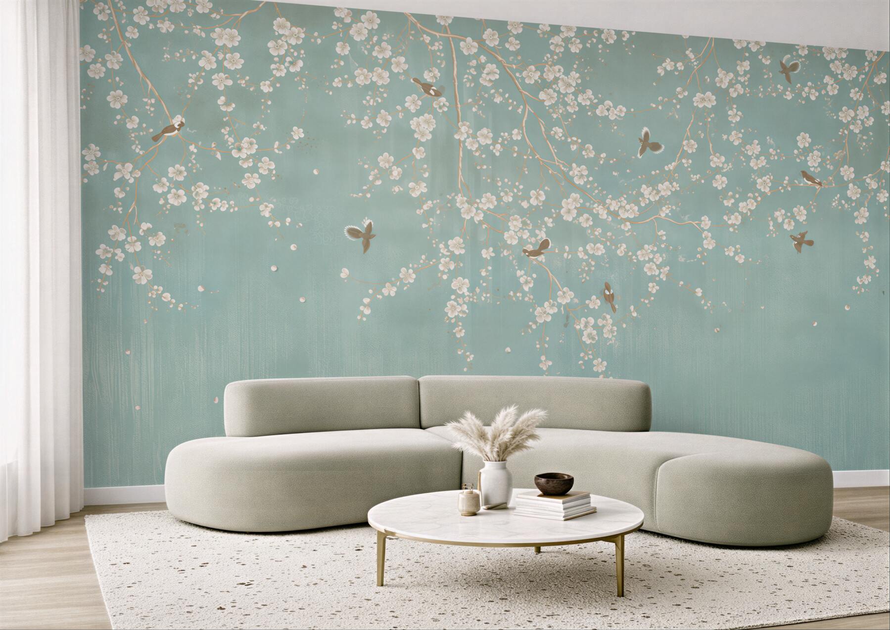 Papier peint branches fleuries avec oiseaux sur fond bleu