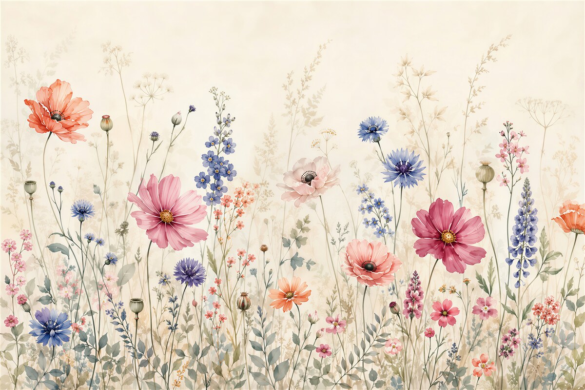 Papier peint prairie florale pastel dans le style aquarelle