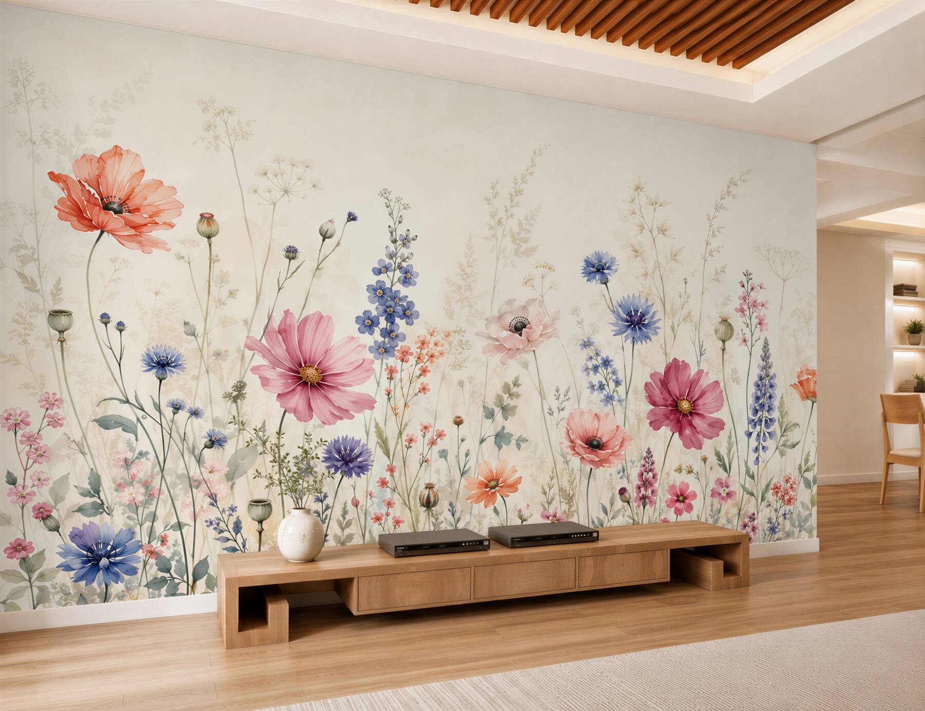 Papier peint prairie florale pastel dans le style aquarelle