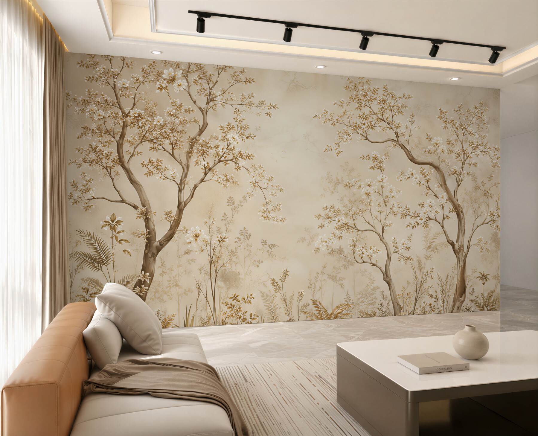 Papier peint arbres délicats et fleurs des champs romantique beige