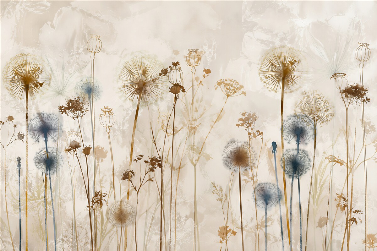 Papier peint pissenlits et herbes sur fond clair prairie subtile