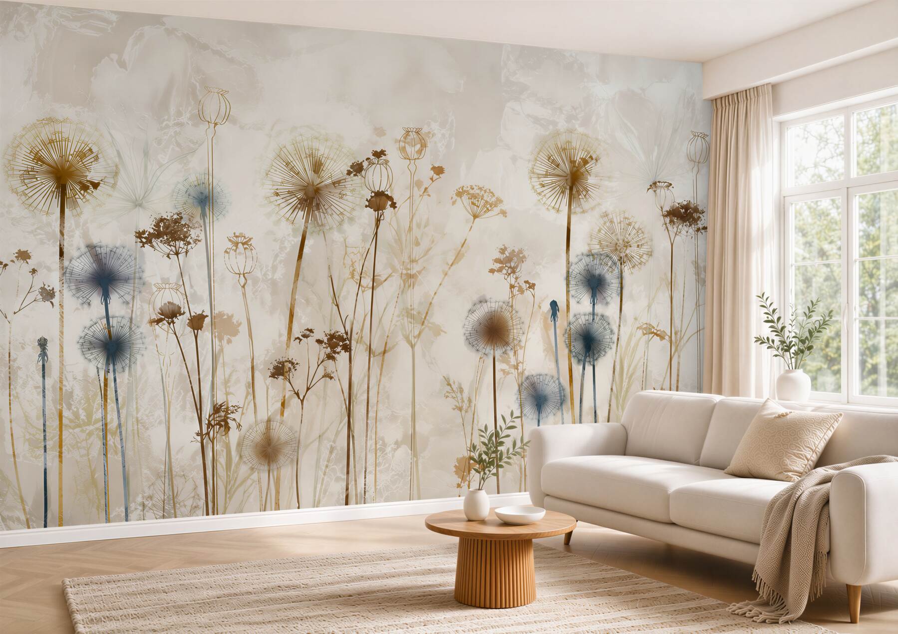 Papier peint pissenlits et herbes sur fond clair prairie subtile