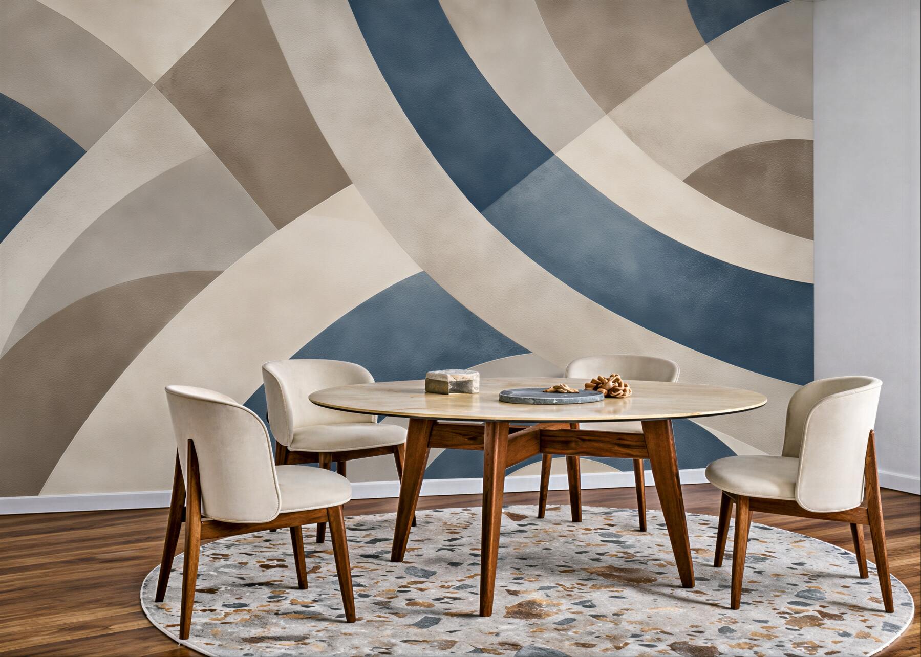 Papier peint vagues abstraites beige et bleu moderne pour le salon