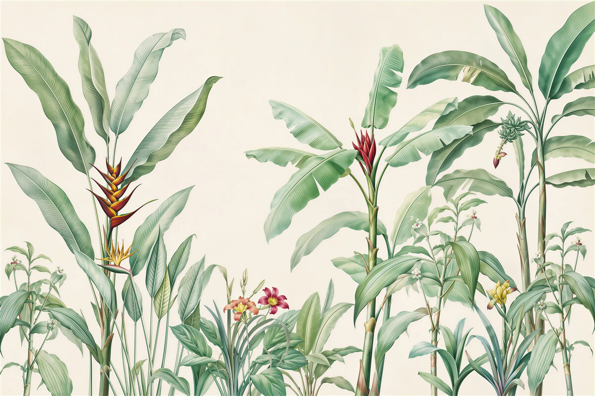 Papier peint plantes tropicales avec des feuilles de bananier sur fond clair