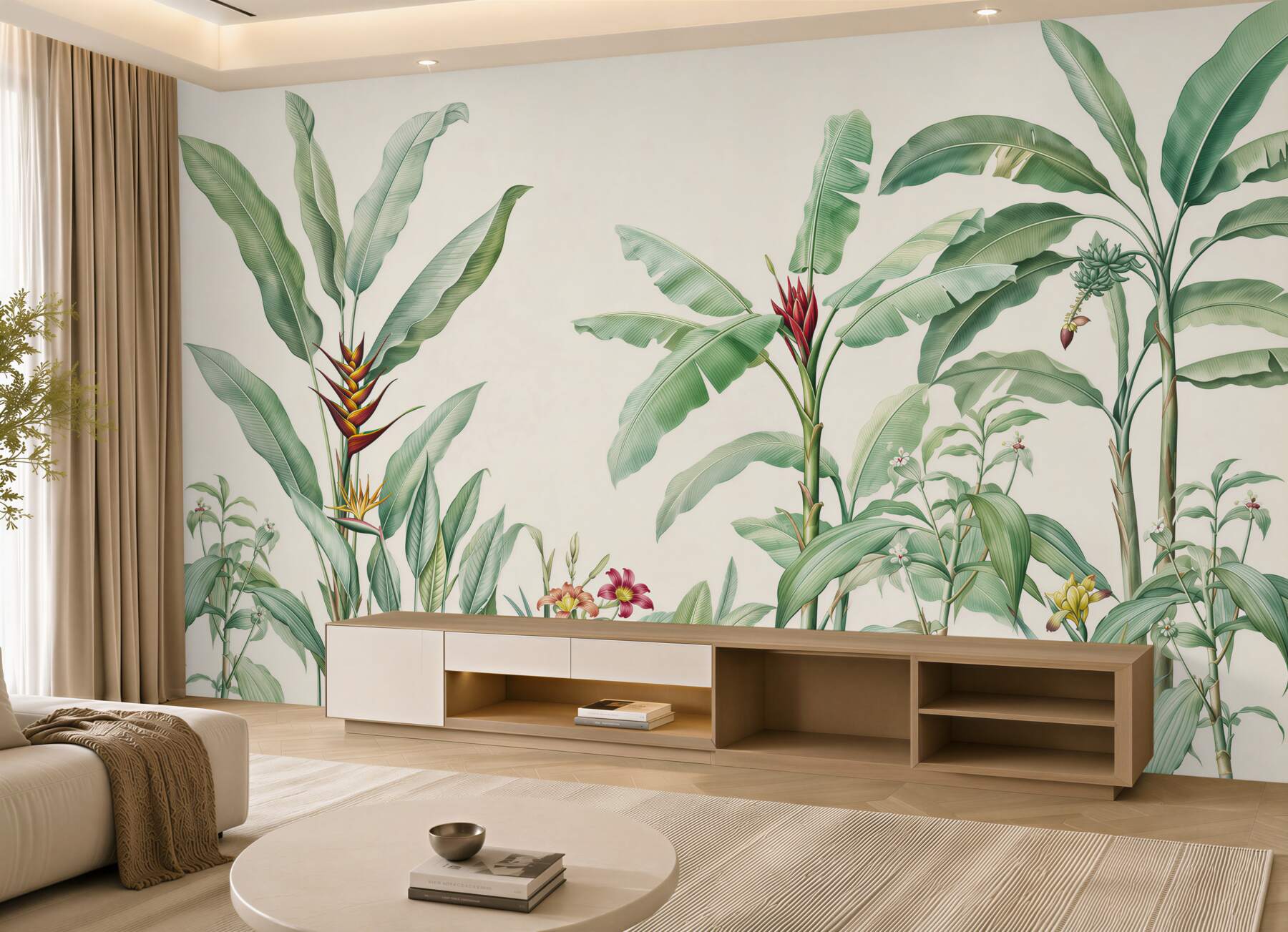 Papier peint plantes tropicales avec des feuilles de bananier sur fond clair