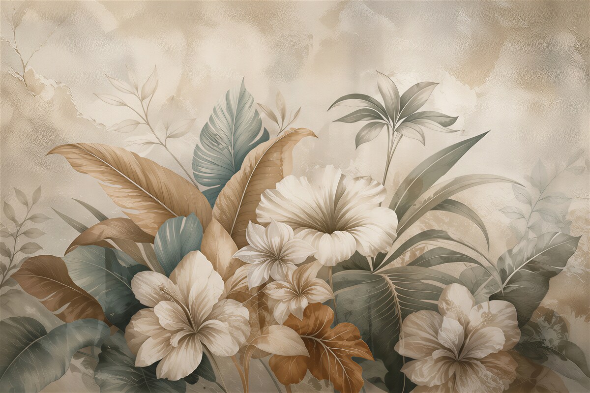 Papier peint fleurs et feuilles tropicales beige et vert élégantes