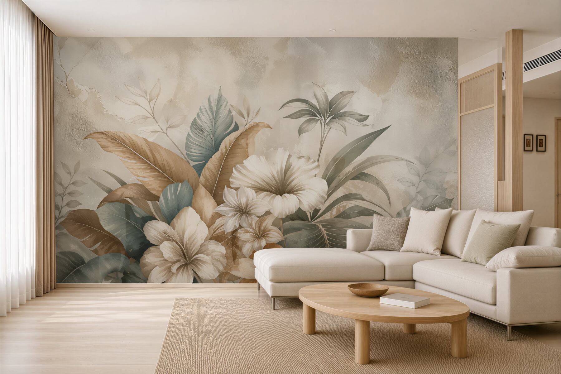 Papier peint fleurs et feuilles tropicales beige et vert élégantes