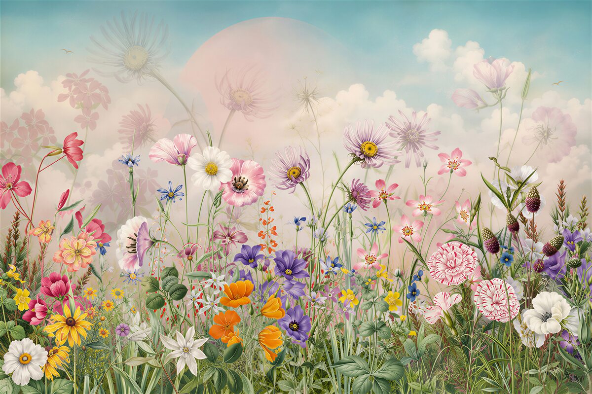 Papier peint fleurs de prairie pastel sur fond de nuages