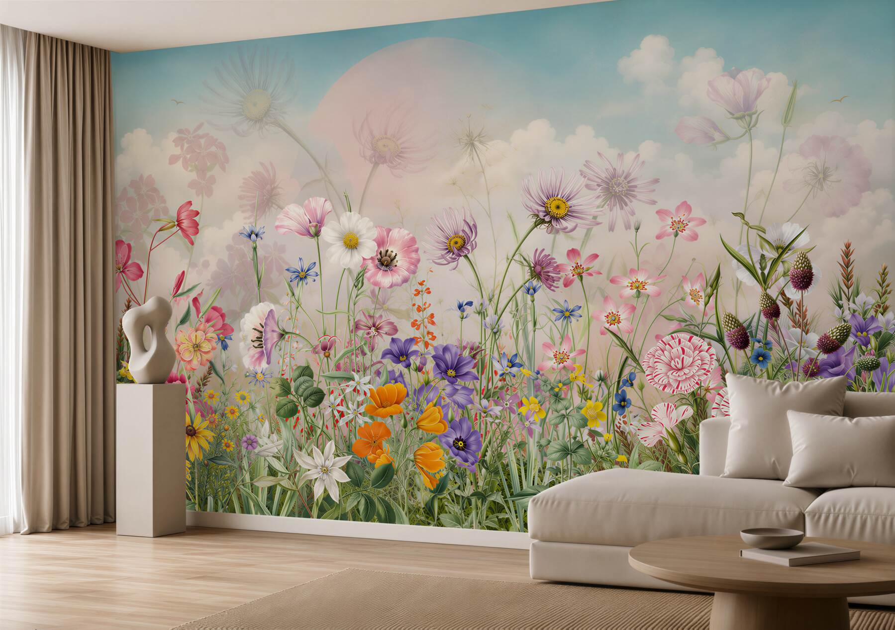 Papier peint fleurs de prairie pastel sur fond de nuages