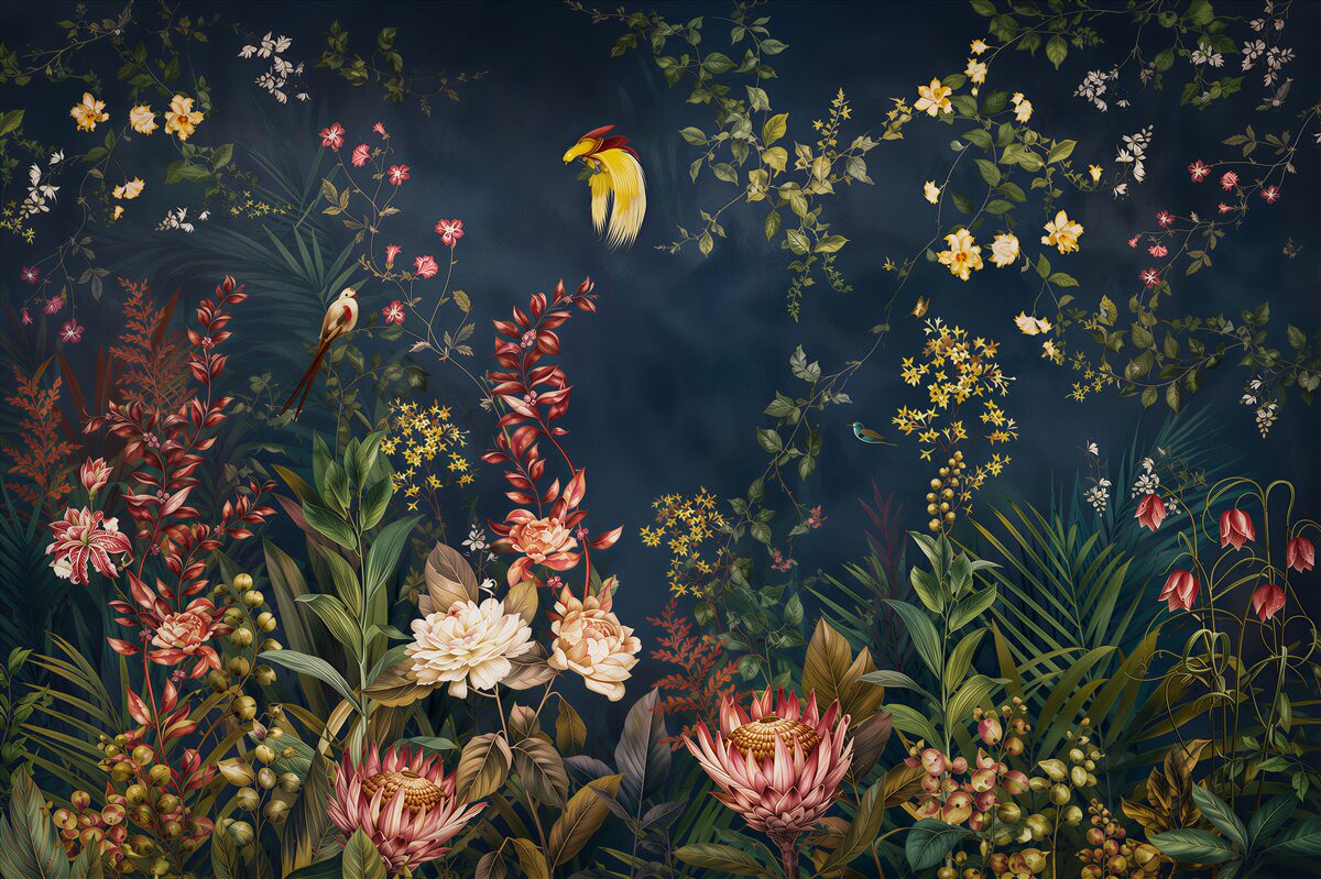 Papier peint fleurs exotiques et oiseaux sur fond vert botanique