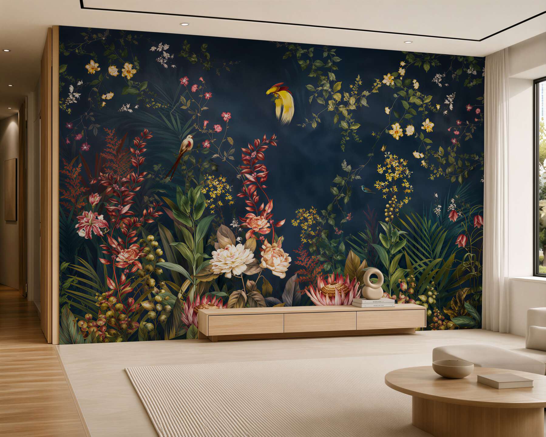 Papier peint fleurs exotiques et oiseaux sur fond vert botanique