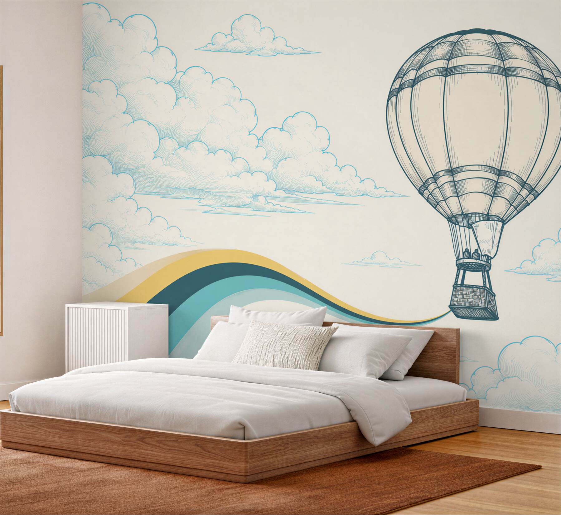 Papier peint ballon dans les nuages ciel pastel pour enfants