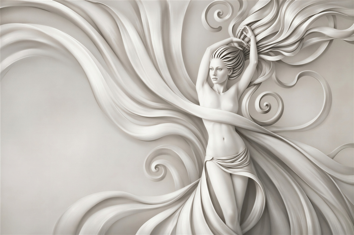 Papier peint femme dans un style sculptural 3D dans des vagues crème