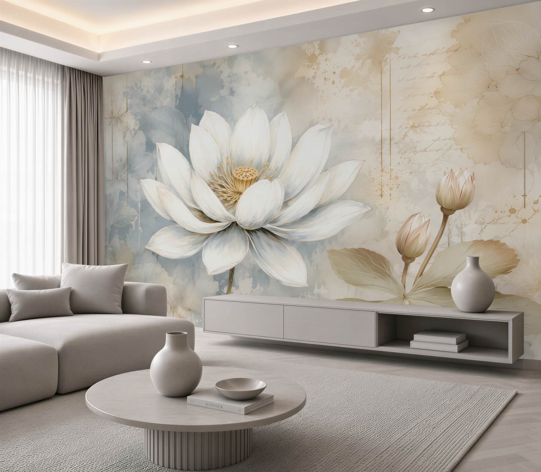Papier peint lotus blanc sur fond bleu calme élégance