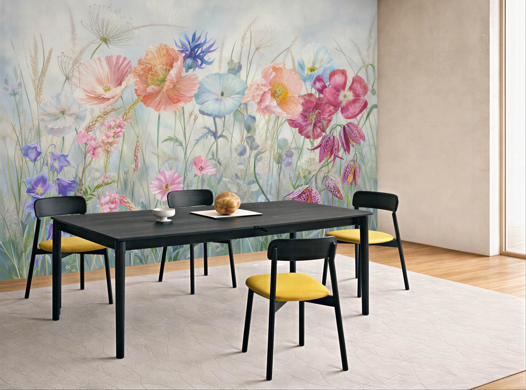 Papier peint fleurs des champs pastel sur un pré délicat et romantique