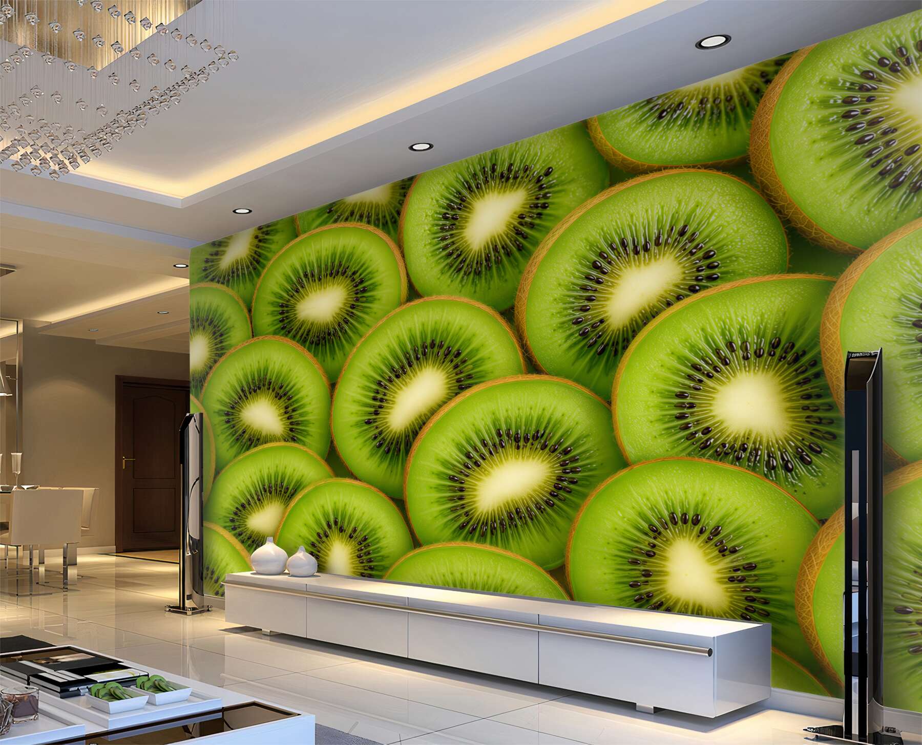 Papier peint kiwis juteux et feuilles vertes pour la cuisine