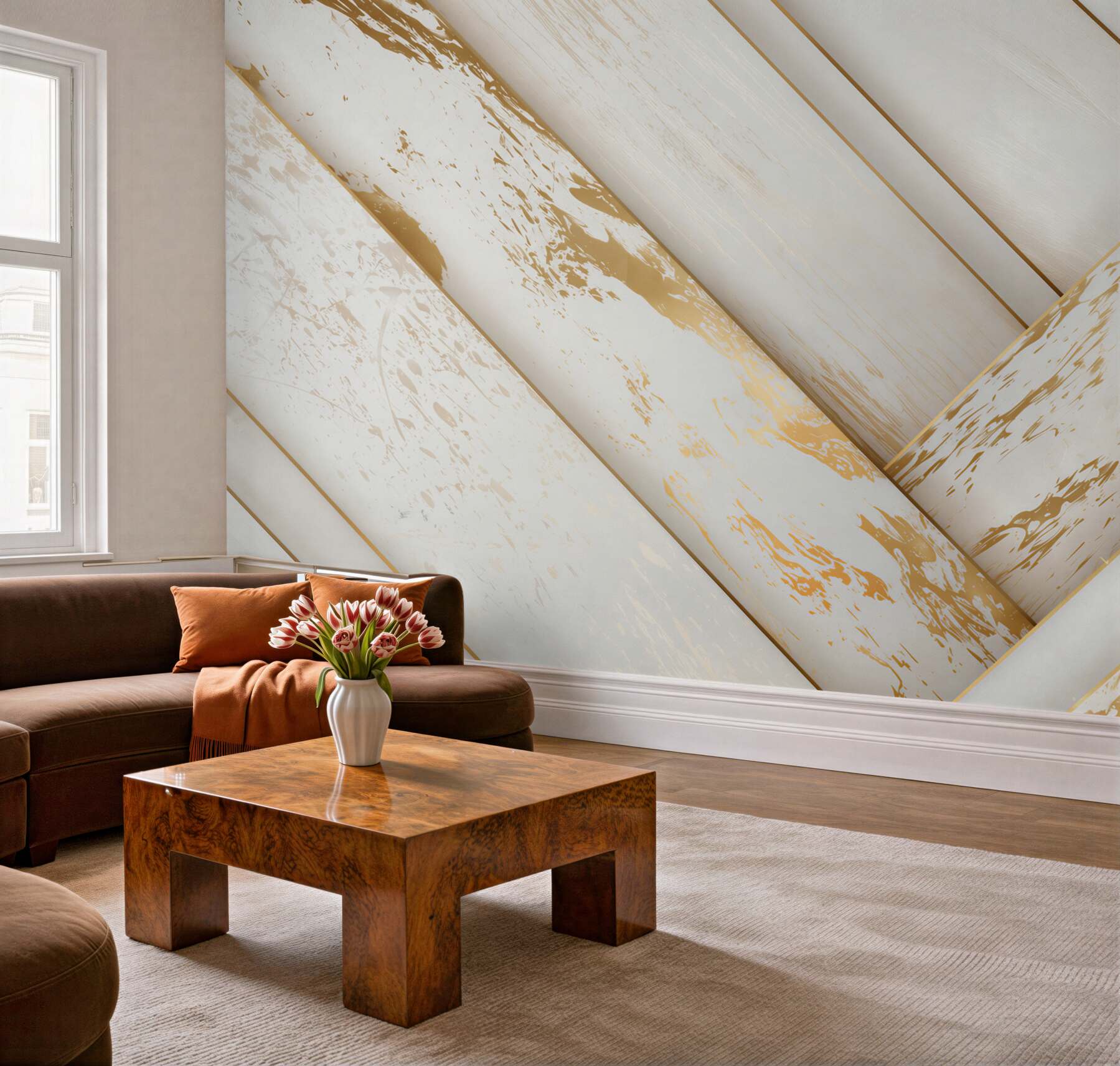 Papier peint marbre blanc avec veines dorées élégant