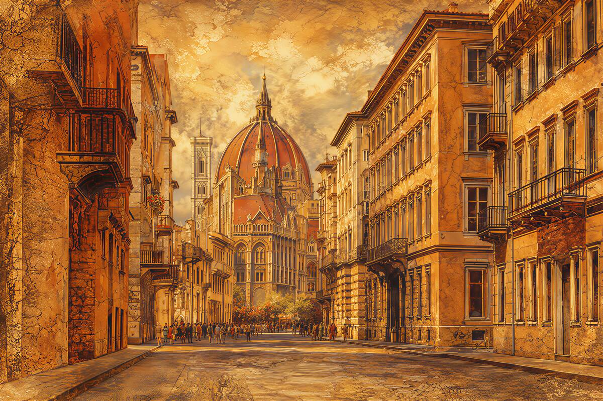 Papier peint rue de Florence avec cathédrale dans des tons beiges chauds