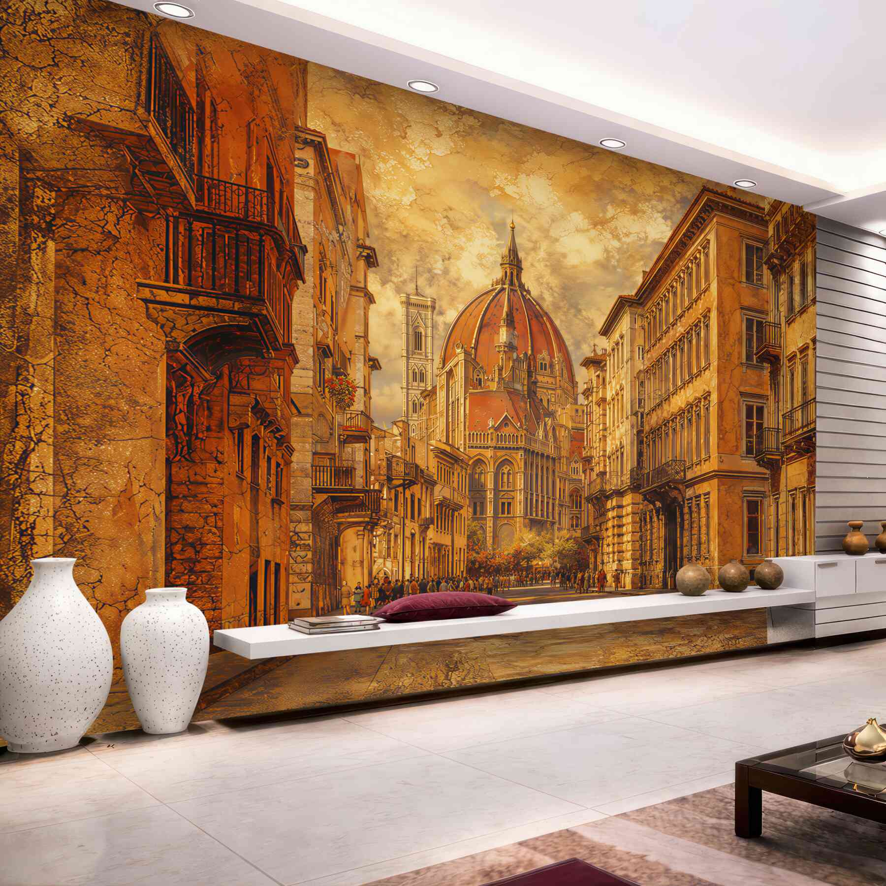 Papier peint rue de Florence avec cathédrale dans des tons beiges chauds