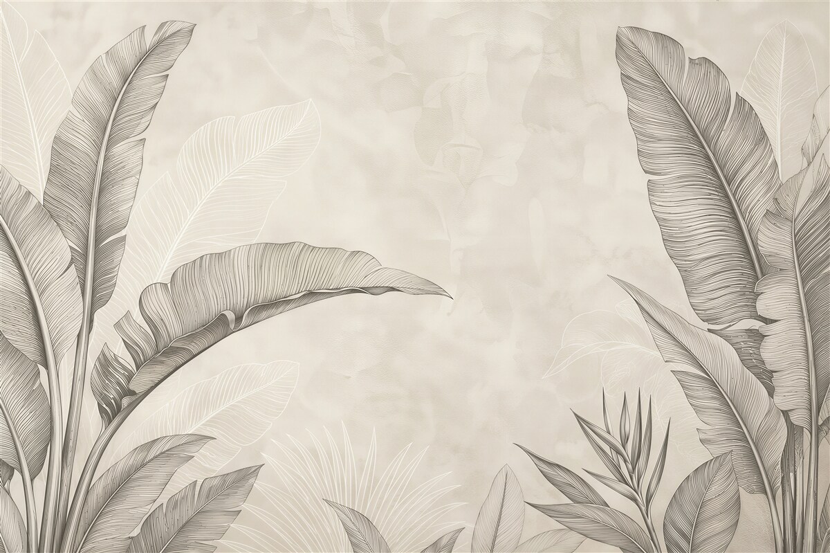 Papier peint feuilles de bananier olive sur fond clair subtile tropicale