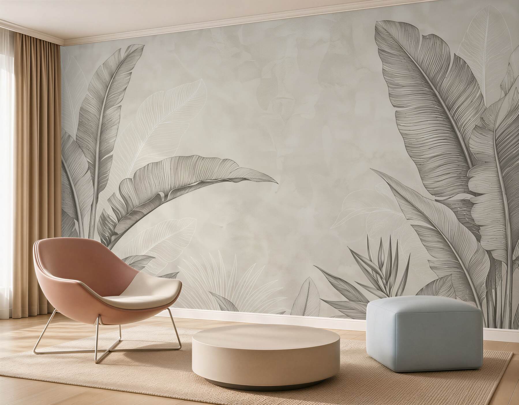 Papier peint feuilles de bananier olive sur fond clair subtile tropicale