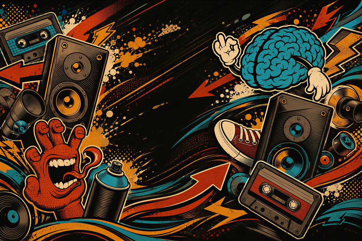 Papier peint collage musical street art avec haut-parleurs et graffiti