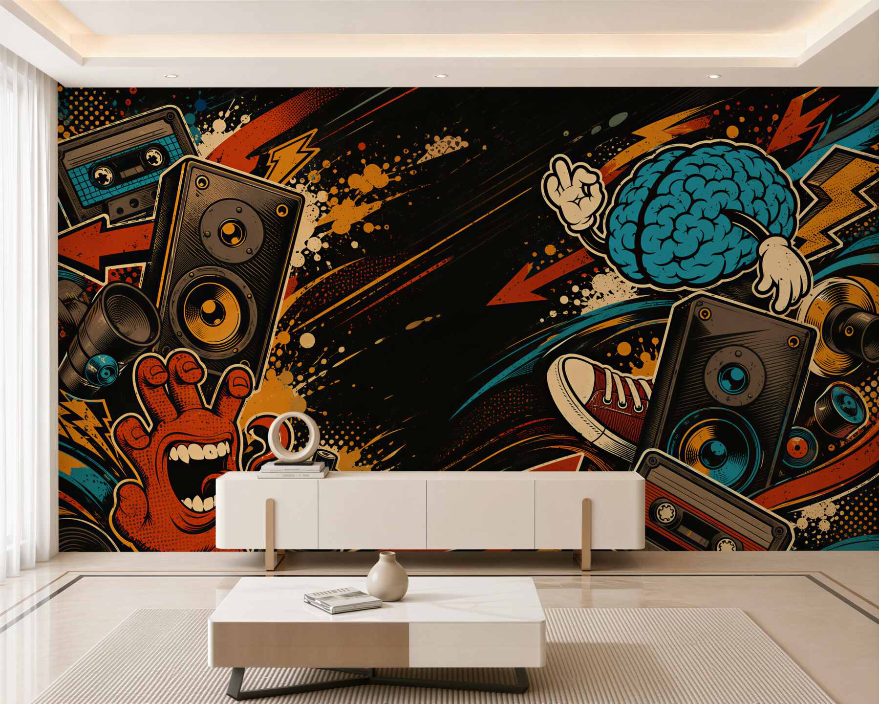 Papier peint collage musical street art avec haut-parleurs et graffiti