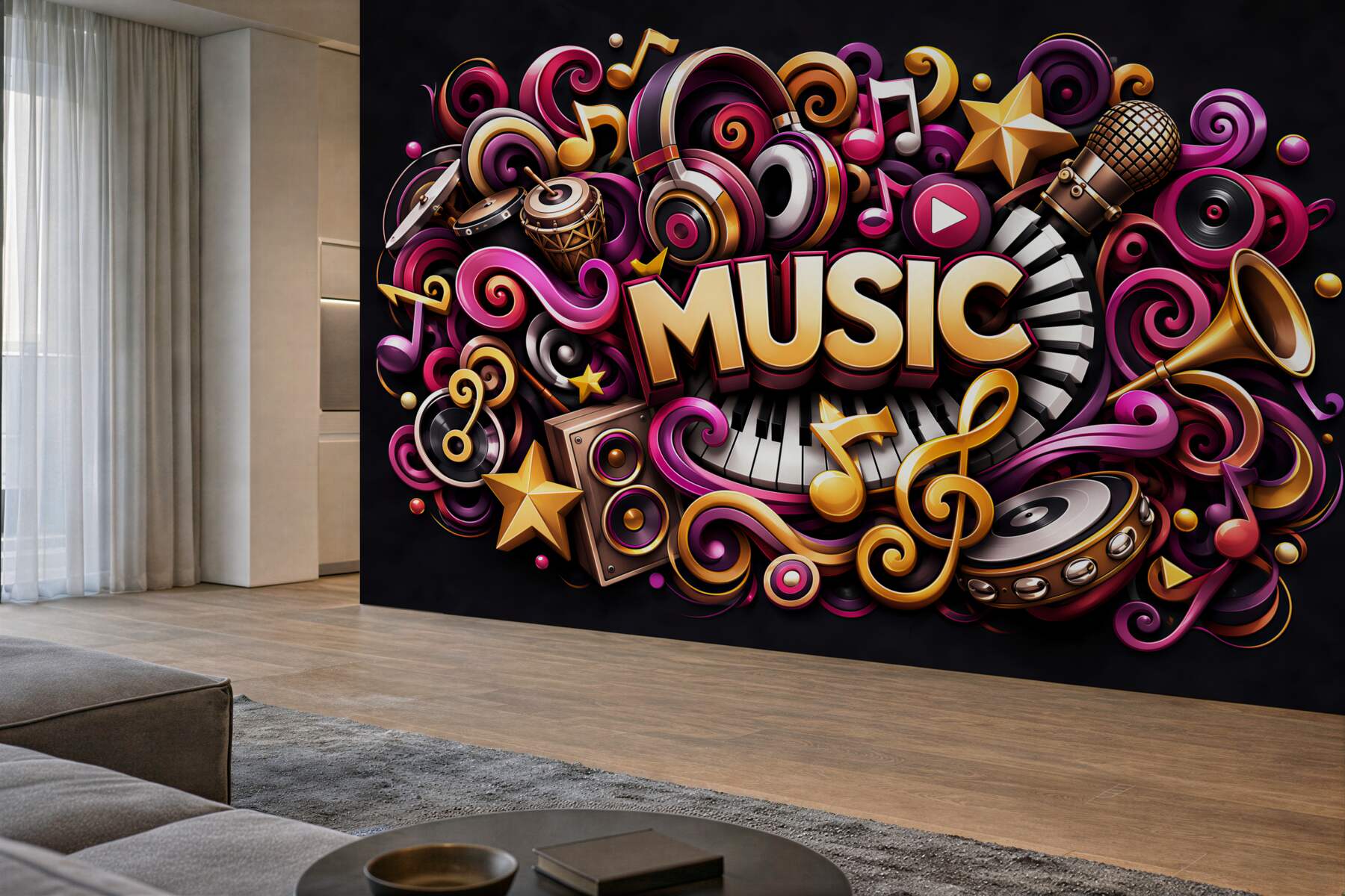 Papier peint instruments de musique avec piano et microphone dans un style beige