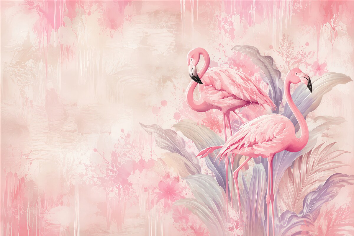 Papier peint flamants roses dans des feuilles pastel tropicales