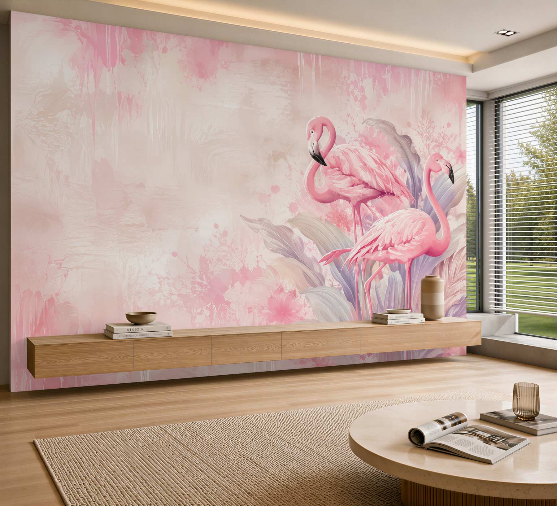 Papier peint flamants roses dans des feuilles pastel tropicales
