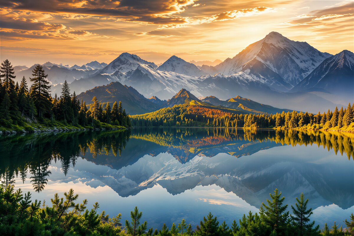Papier peint montagnes au bord du lac au lever du soleil paysage paisible
