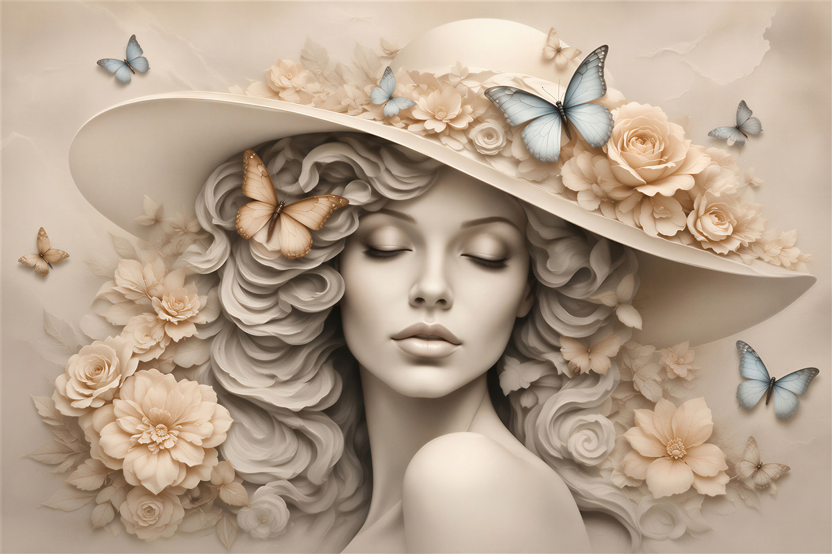Papier peint femme avec chapeau et fleurs romantique beige
