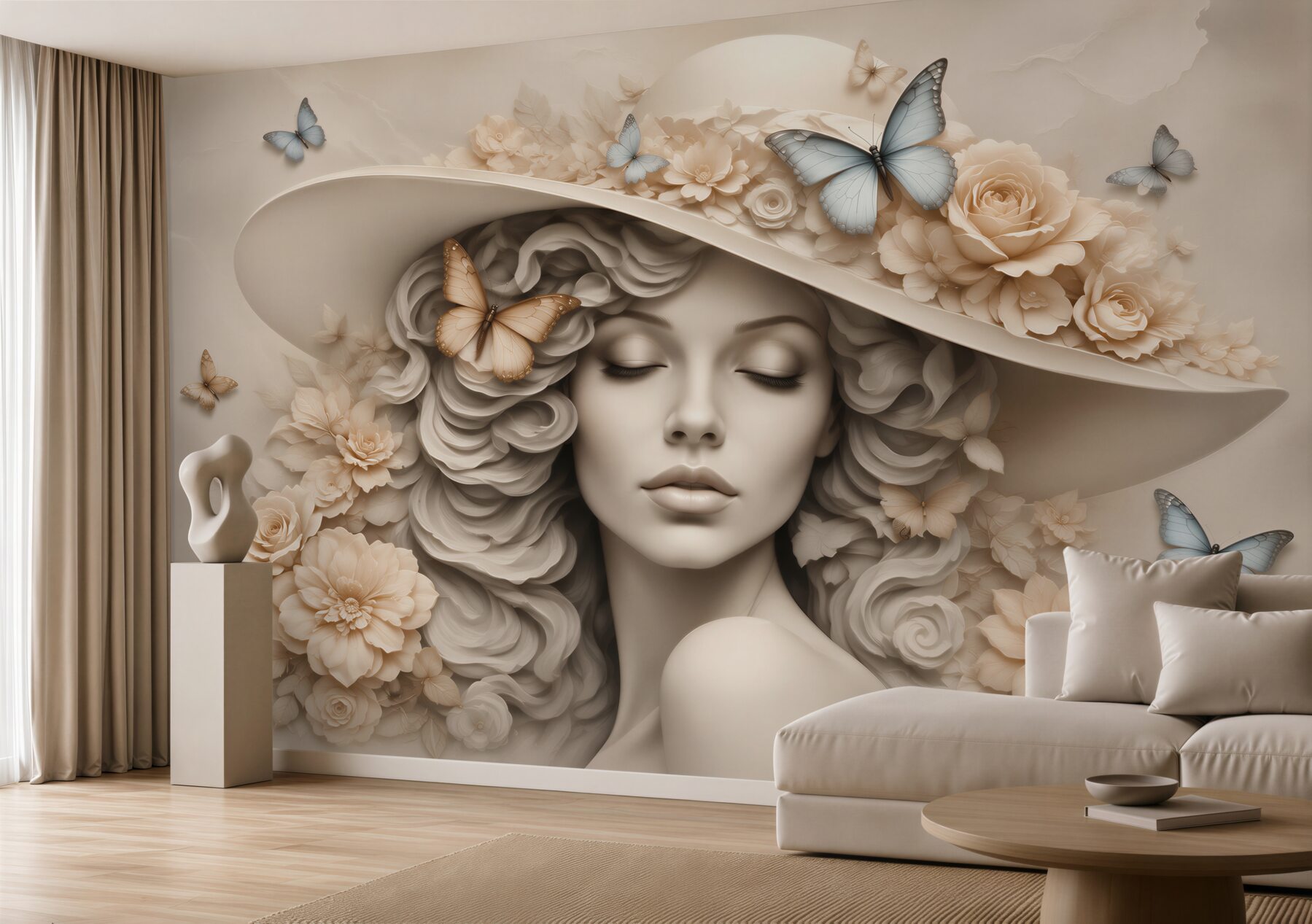 Papier peint femme avec chapeau et fleurs romantique beige