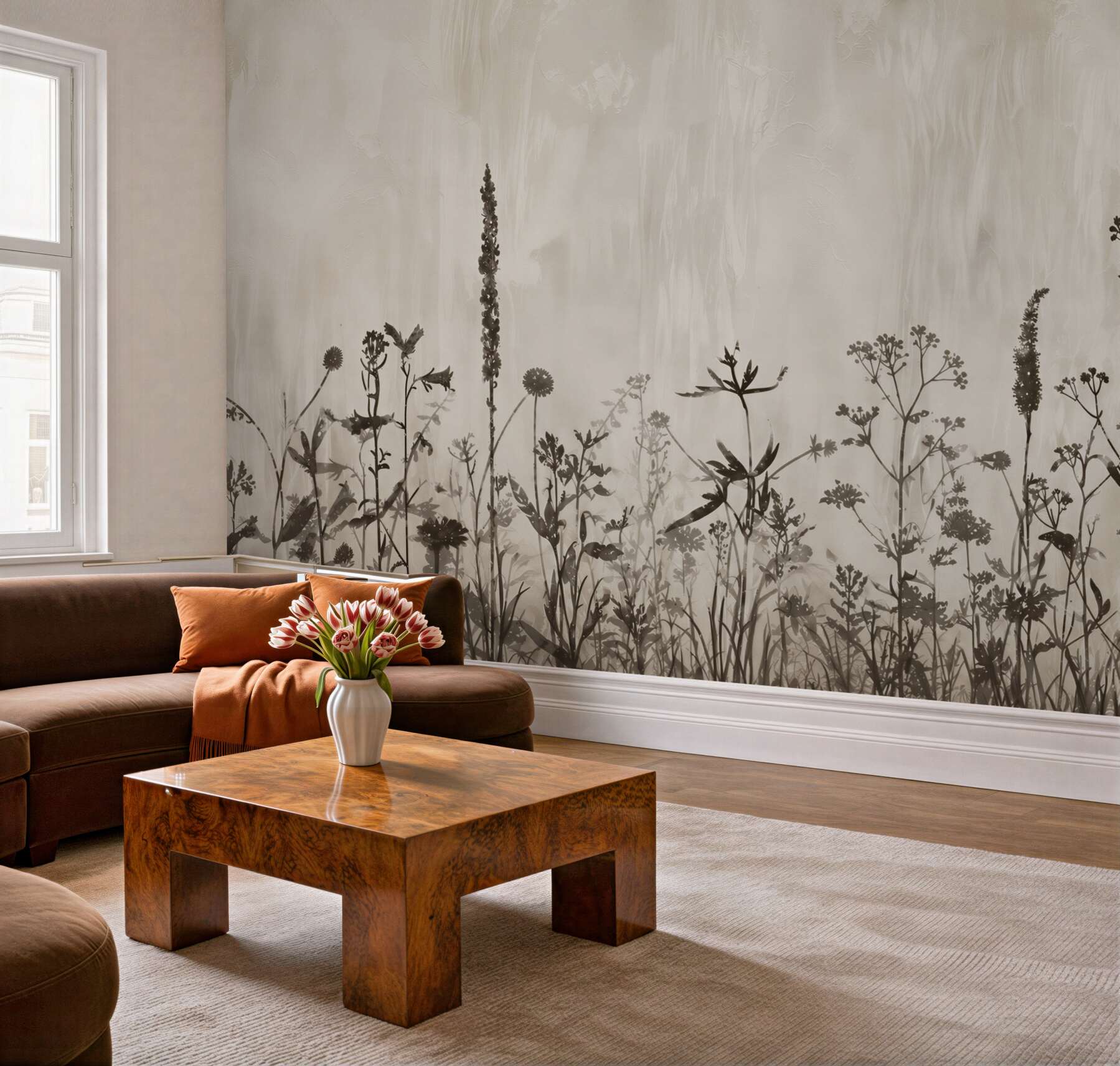 Papier peint fleurs des champs beige subtile prairie sur fond clair