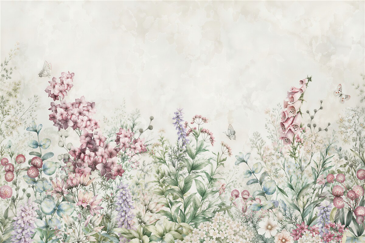 Papier peint prairie florale pastel avec papillons pour intérieur romantique