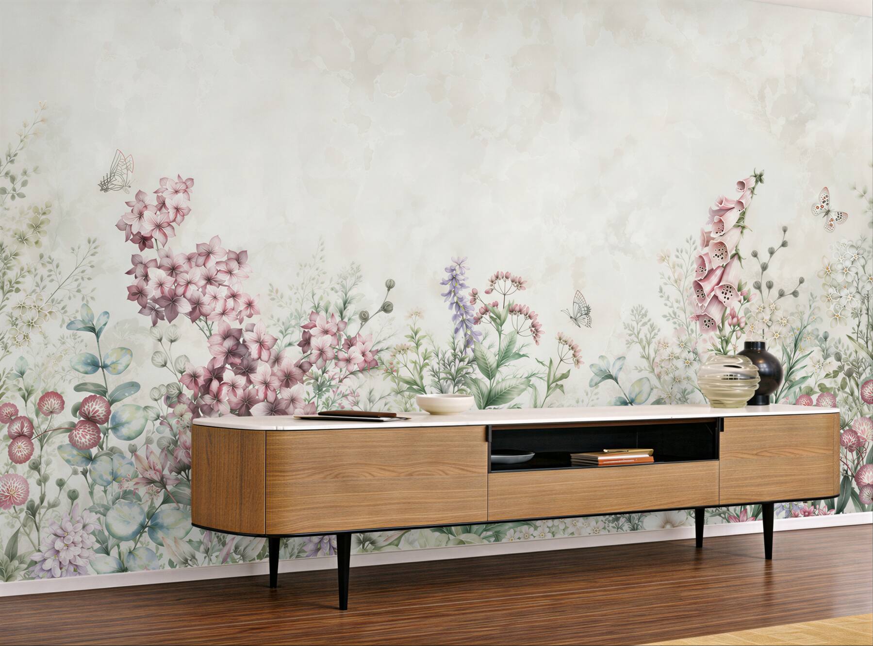 Papier peint prairie florale pastel avec papillons pour intérieur romantique