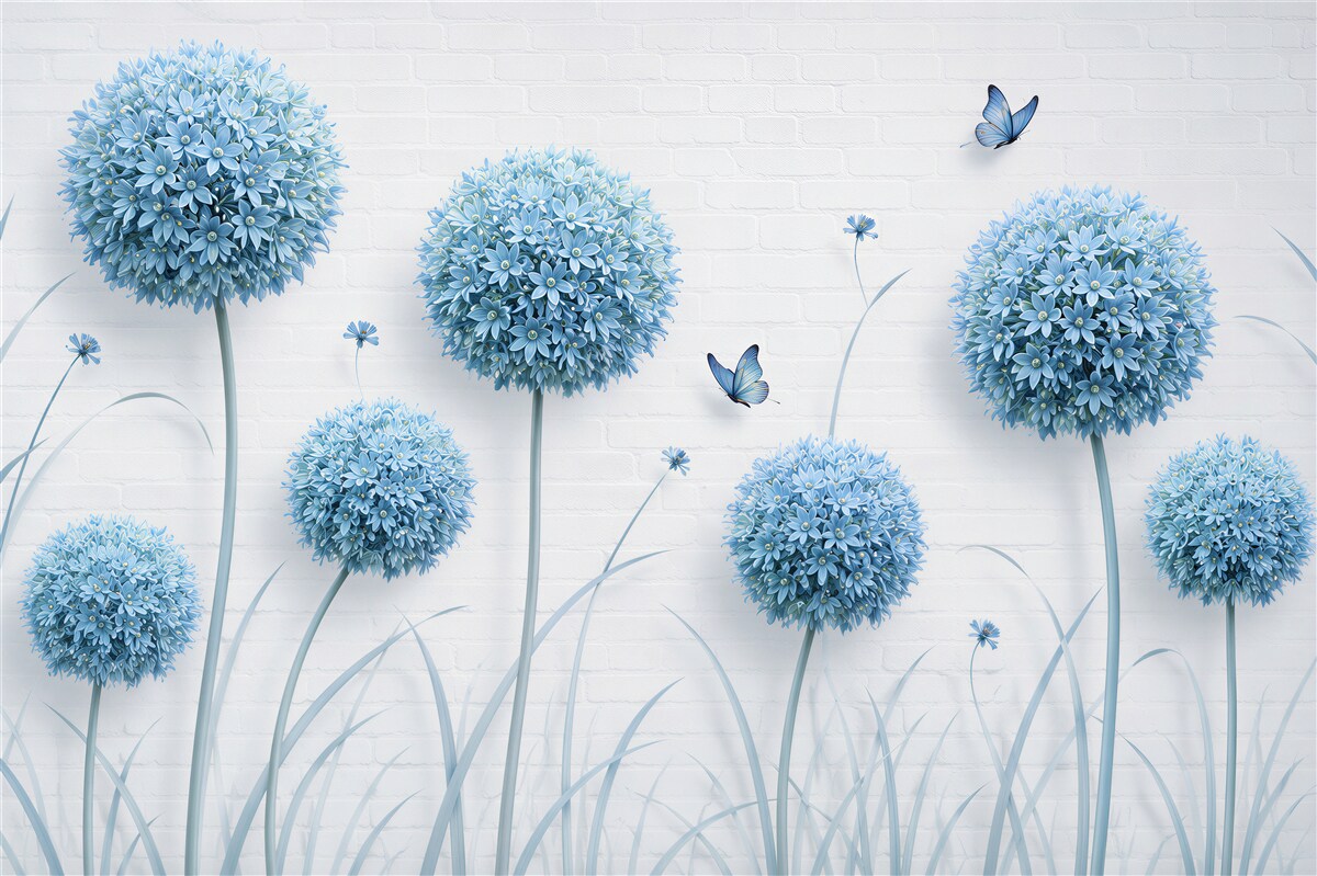Papier peint alliums bleus décoratifs avec des papillons pastel