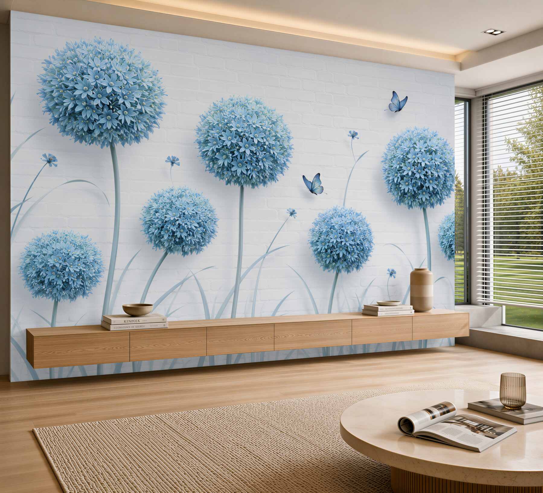 Papier peint alliums bleus décoratifs avec des papillons pastel