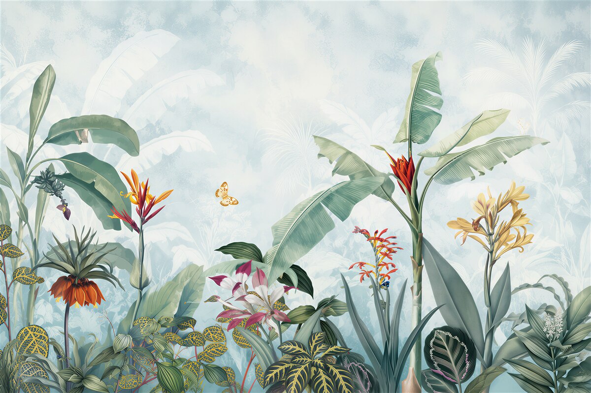 Papier peint plantes tropicales et fleurs sur fond exotique clair