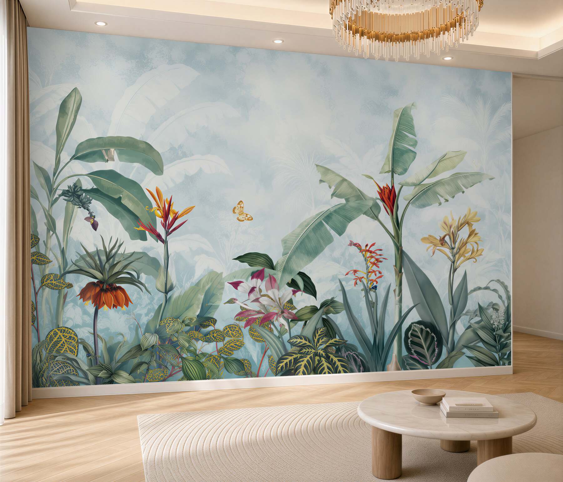 Papier peint plantes tropicales et fleurs sur fond exotique clair