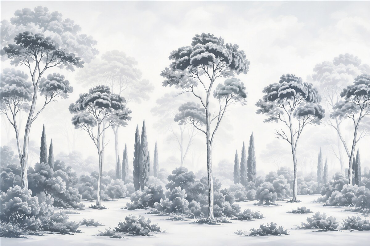 Papier peint arbres dans une légère brume paysage paisible en beiges
